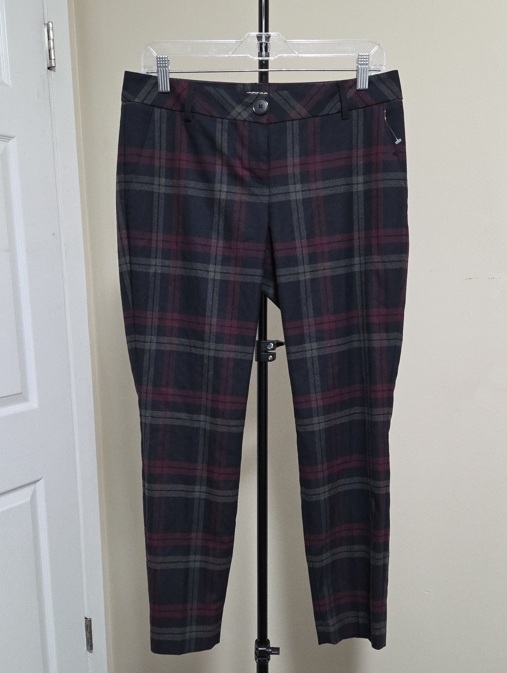 Express Women's Straight Leg Plaid Pants - Black & Burgundy